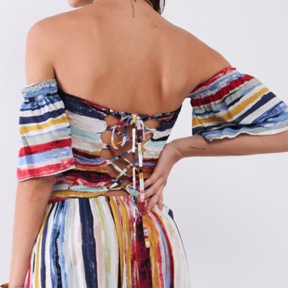 Stripe Print Off-The-Shoulder Puff Sleeve Smock La - Picture 3 of 4